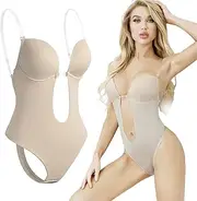 [kbudra] Backless Body Shaper Bra, Invisible Plunge Bodysuits Seamless Thong,Built-in Tummy Control Shapewear