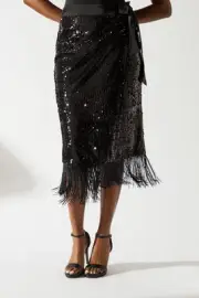 Coast Womens Skirt Sequin Fringe Hem Wrap Midi Black All Seasons