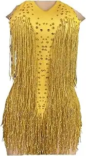 [Generic] Sparkly Bodysuit Women Party Dance Costume Stage Wear Tassel Leotard Performance Clothing(Gold,S-M)