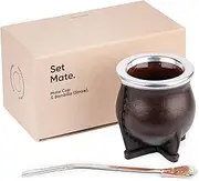 thebmate [Camionero Mate Premium Set Yerba Mate Cup - Crafted Ceramic Teacup - Leather Wrapped Handmade in Uruguay - Set Mate Camionero, German Silver Bombilla Straw, Cleaning Brush (Dark Brown)