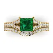 2.01 Princess Cut Emerald Ring Band bridal Set Curved 14k Yellow solid Gold