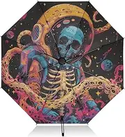 [PDZRMY] Skeleton Octopus Astronaut UV Protection Travel Umbrella Compact for Rain and Sun - Auto Open and Close UPF 50+ Windproof Portable 46” Sun Umbrella for Women and Men