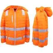 HI VIS Puffer Safety Jacket Reflective Tape Removable Hood Zip Pocket Puffy Coat - Fluro Orange