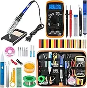 Soldering Iron Kit - 60W Adjustable Temperature Digital Soldering Station, Multimeter, 5pcs Soldering Tips, Solder Wire, Stand, Desoldering Pump, Solder Wick, Tweezers