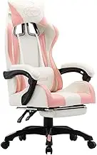 vidaXL Luxury Racing Chair - Pink and White Faux Leather - Adjustable Height and Reclining Backrest - Retractable Footrest - Ergonomic Design for Gaming or Office Use
