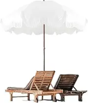 6.5ft White Boho Umbrella Holiday Tassel Umbrella Tilt Beach Umbrellas for Sand Waterproof Large Portable Pool Umbrella(White)