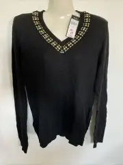 BCBG Paris Womens M Black V Neck Sweater Gold Thread Black Beaded Neckline
