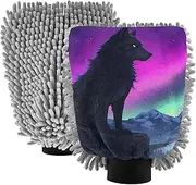 XYMZR Wolf Sit Aurora Absorbent Microfiber Car Wash Mitt, Funny Cute Anime Scratch Free for Cars Cleaning, Home Cleaning Mitts, 2 Pack, 10.24” L x 7.09” W