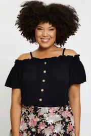 Black Off Shoulder Top Peach Short Sleeve Button Front