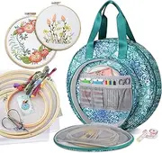 FINPAC Embroidery Project Bag, Embroidery Supplies Storage Carrying Tote Case with Multiple Pockets for Embroidery Floss, Embroidery Hoops, Thread, Stitch Tools Kit [Bag Only] - Emerald Illusions, Emerald Illusions, 13 x 13 x 5 inches