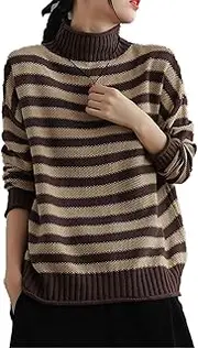 LeoLeozz Winter New Women's Retro Striped Contrast Half Turtleneck Sweater Orange Striped Sweater, Black and White Striped Turtleneck Sweater Women, Knitted Loose Causal Sweaters (Brown,L(55-60 kg))