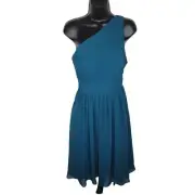 AZAZIE Nwt KATRINA A-Line One Shoulder Chiffon Knee-Length Dress Peacock Size A6