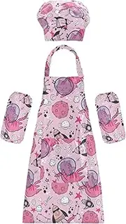 AIXIWAWA Kids Apron Chef Hat Set, Child Kitchen Bib Aprons Adjustable for Cooking Baking Painting (Red Cute Cat Space)