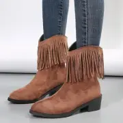 Women Faux Suede Block Mid Heels Mid Calf Boots Pull Autumn Retro Tassel Boots