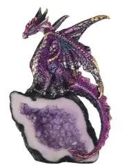 PURPLE CRYSTAL DRAGON Purple Dragon on Crystal Geode Statue H5.5"