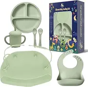SilliSupply Silicone Baby Feeding Set with Utensil Holders & Catch Compartment - Innovative Weaning Kit with Bib, Spoon, and Suction Mat