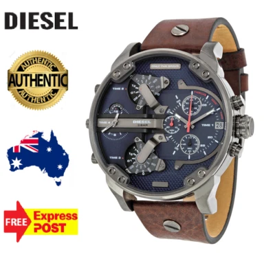 NEW DIESEL MR DADDY 2.0 DZ7314 GUNMETAL/BLUE/BROWN LEATHER CHRONO MENS WATCH