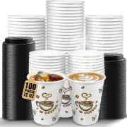 Ginkgo Disposable Coffee Cups with Lids 12 oz 100 Pack, To Go Paper Coffee Cup f