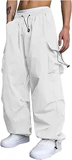 [Generic] Mens Baggy Cargo Pants Drawstring Elastic Waist Casual Joggers Pants Casual Wide Leg Parachute Pants with Pockets