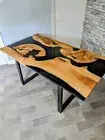 Solid Black Epoxy Resin Dining Table Top Custom Made Wooden Patio Centerpiece