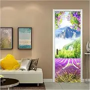 Door Stickers PVC Door Sticker Forest Landscape - Flower Field Blue Mountain Bedroom Door Wallpaper Mural Home Decoration(77x200cm)