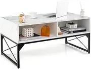 [Giantex] High-Gloss LED Coffee Table, Center Table with Faux Marble & Tempered Glass Top, Modern Accent Table with 4 Storage Cubes for Living Room (White)