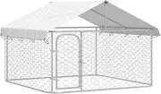 vidaXL Large Outdoor Dog Kennel with UV and Fire Resistant Roof, Durable Galvanized Steel Construction, Lockable Latch System, Silver