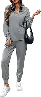 [FIOPHY] Women's Waffle Knit 2 Piece Outfits Lounge Sets 1/4 Zip Up Pullover Long Sleeve Top Jogger Sweats Track Suits Set