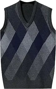 [Gsywaipei] Men's Knitted V Neck Vest Relaxed Fit Pullover Vests Sweater Regular Fit Knit Men Sleeveless Pullover Tank, Black Gray, M
