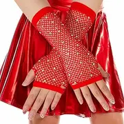 [RainFlowwer] Red Long Rhinestone Fingerless Fishnet Gloves Steampunk Rose Arm Sleeve Cosplay Party 80s Costume for Women Girls, Red