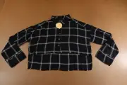 Threadstory Womens Size Large Black Plaid Long Sleeve Crop Button Front Top NWT