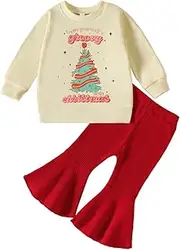 [Generic] Checker Pants Kids Toddler Baby Girls Autumn Winter Christmas Print Cotton Long Sleeve Tops Bell Bottom Set Clothes 4 Month Baby Girl Clothes (B, 4-5 Years)