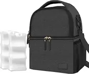 Breast Pump Bag for Hands-Free Wearable Breast Pumps、Bottles,Pump Parts, and Storage Bag，Adjustable Shoulder Strap,（Can accommodate 2 Breast Pumps+6 180ml Baby Bottles） Including 2pcs ice Grid(Black)