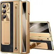 [NINKI] for Samsung Galaxy Z Fold 5 Case with S Pen Holder & S Pen, Galaxy Z Fold 5 Phone Case with Stand & Screen Protector, Plating Leather Hinge Protective Cover for Z Fold5 5G – Gold with Black