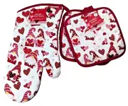 Holiday Gnome and Hearts Oven Mitt Potholder Set Red White Cotton 3-Pc Gift NEW