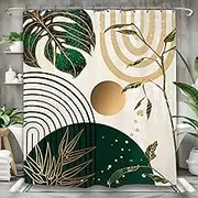 Yookeb Abstract Emerald Green Bathroom Shower Curtain 60W by 71H Inch Minimalist Vintage Leaves Mid Century Aesthetic Leaves Plant Modern Polyester Fabric 12 Plastic Hooks Waterproof Decor