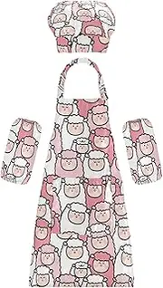AIXIWAWA Kids Apron Chef Hat Set, Child Kitchen Bib Aprons Adjustable for Cooking Baking Painting (Kawaii Sheeps)
