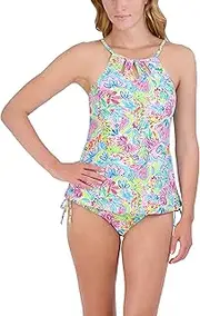[Stella Parker] Women's High Neck Tankini Tummy Control Quick Dry Removable Cup Adjustable Strap Side Tie Bottom Swimsuit Set