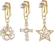 [Niaspi] 3Pcs Stainless Steel Fake Belly Button Rings Non Piercing Belly Navel Rings Cross Star Flower Clip On Belly Barbell Rings Fake Body Piercing Jewelry for Women