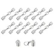 20Sets 6mm Leather Cord End Caps with Lobster Claw Clasps, Silver Tone