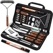RINPIR 31pcs BBQ Grill Accessories Set for Men Dad, Heavy Duty Grilling Tools Gifts for Fathers Day, Stainless Steel BBQ Utensils Kit with Mats, Grill Brush in Carrying Bag Brown