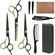9 PCS Hair Cutting Scissors Kit,Barber Scissors with Black Gold Finish,Stainless Steel Hair Cutting Shears Set in Leather Case for Women Men Pet,Barber Salon and Home