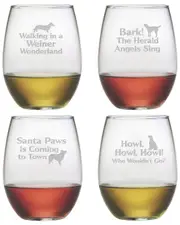 susquehanna Set of Four 21oz Canine Carols Stemless Wine Glasses