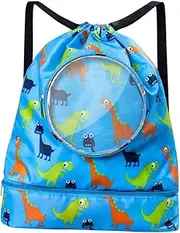 GAROZATION Drawstring Backpack Lightweight Swimming Bag with Dual Compartment for Wet Dry Storage for Beach Travel and Outdoor Activities Dinosaur Design