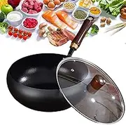 Uncoated Iron Pan, 9.45 inch Hand-Forged Non-Stick, Without Coating Durable and Rust-Free Cooking, Free for Cooker Gas Stir Fry Pans Round Bottom with Lid (30CM Glass Lid,Hammer Pattern)