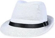 [Huloretions] Straw Fedora Hat for Men Packable Short Brim Roll Up Trilby Hat Panama Summer Beach Sun Hat UPF 50+ Foldable Floppy Travel Packable Staw Hat White, White, X-Large