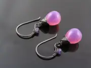 Lavender Opal Czech Bead Earrings, Wire Wrapped Earrings, Handmade, E1972