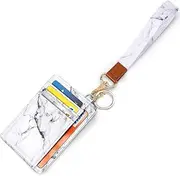 [COCO ROSSI] Slim Front Pocket Wallet RFID ID Card Holder Cute Small Wallet with Keychian for Women, Z White Marble+lanyard, Card Holder+Lanyard, Casual,Minimalist,Modern