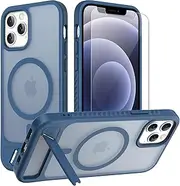 for iPhone 12 / iPhone 12 Pro case: [fit for Magsafe] Strong Magnetic & Invisible Stand, Military-Grade Drop Protection with Screen Protector, Adjustable Kickstand Frosted Matte Phone Case, Navy Blue