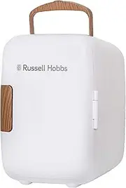 Russell Hobbs RH4CLR1001SCW 4L/6 Can Mini Portable Cooler & Warmer for Drinks, Cosmetics/Makeup/Skincare, AC/DC Power, Scandi Style, White & Wood Effect, For Bedroom, Home, Caravan, Car